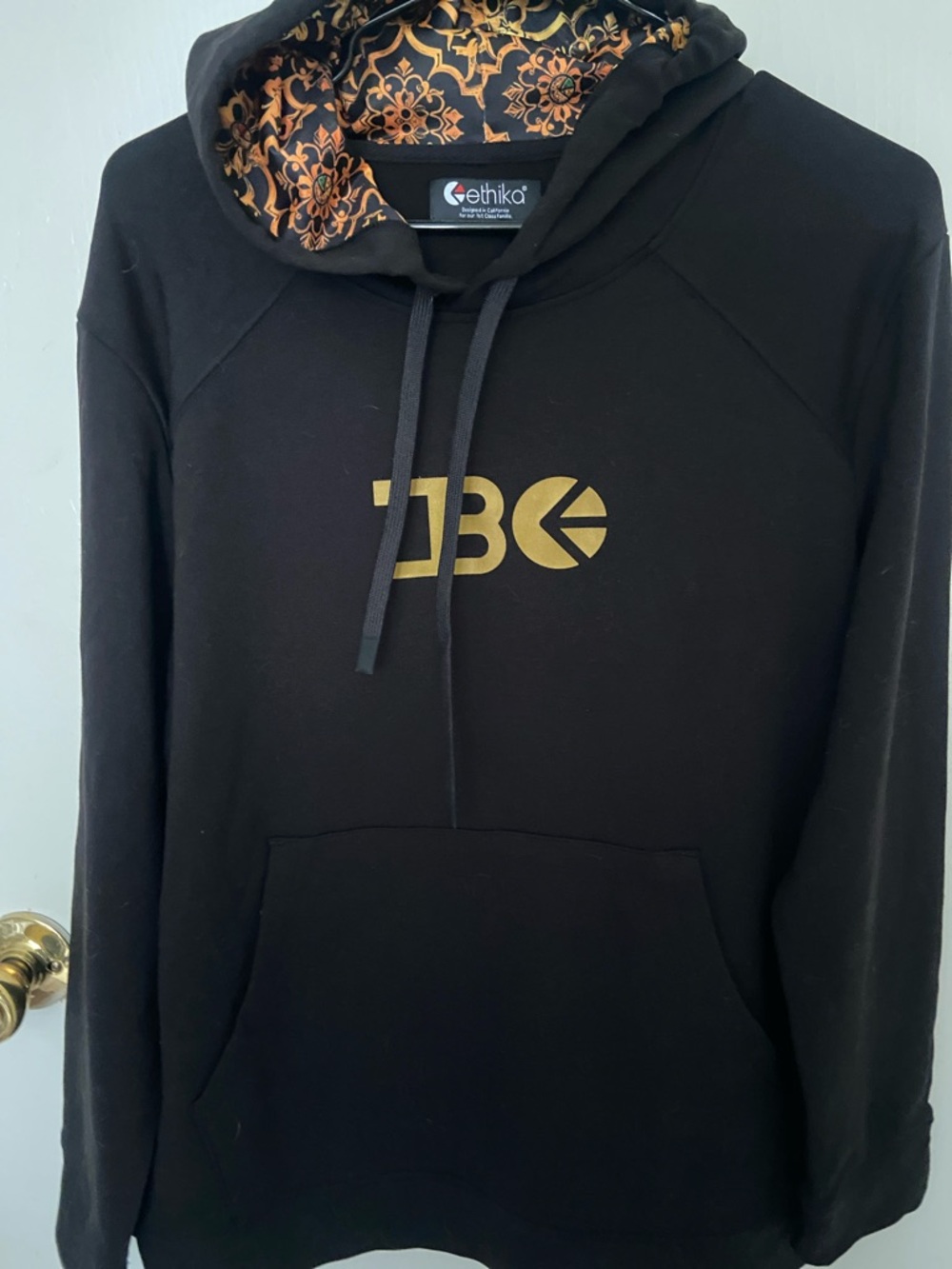 ethika Black Hoodie with Gold Logo and Patterned Hood Lining
